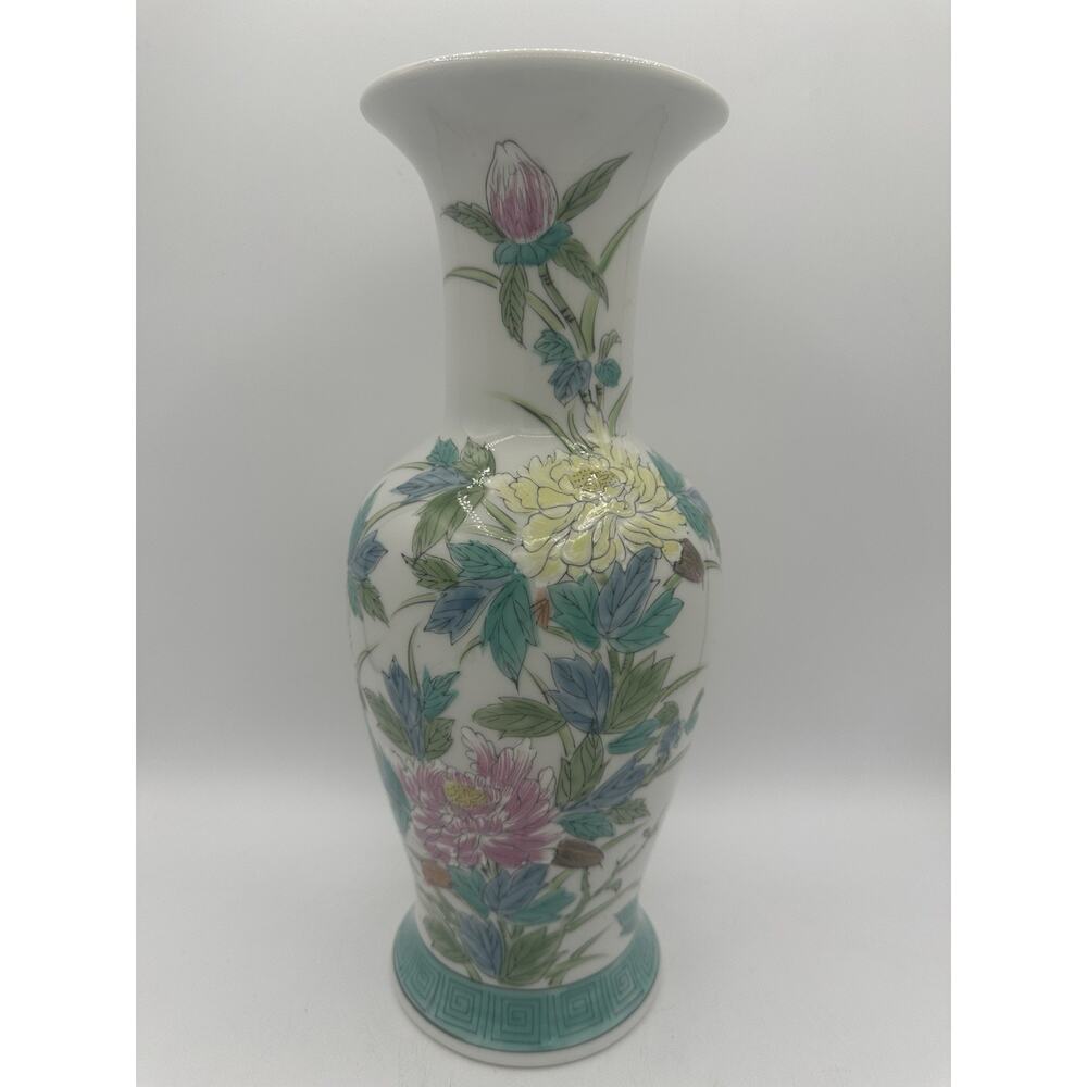 Vintage Original LJ Japan Pink Blue Hand Painted 12.5” Floral MCM Art Deco Vase